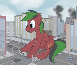 Size: 2293x1937 | Tagged: semi-grimdark, artist:rapidstrike, derpibooru import, oc, oc:crimson fall, unofficial characters only, human, pegasus, pony, car, city, commission, destruction, giant pony, loss (meme), macro, male, open mouth, playing, sitting, smiling, stallion, truck