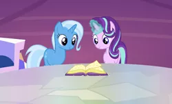 Size: 338x206 | Tagged: safe, derpibooru import, screencap, starlight glimmer, trixie, pony, unicorn, all bottled up, book, cropped, cutie map, duo, looking at something, magic, smiling, twilight's castle