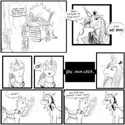 Size: 2000x2000 | Tagged: artist:testostepone, black and white, bread, changeling, changeling guard, changeling hive, comic, derpibooru import, dialogue, food, grayscale, monochrome, oc, oc:kala'loa, pun, queen chrysalis, suggestive