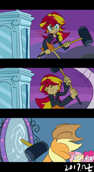 Size: 400x727 | Tagged: safe, artist:rvceric, derpibooru import, applejack, fluttershy, pinkie pie, sunset shimmer, earth pony, pegasus, pony, equestria girls, equestria girls (movie), abuse, clothes, comic, cowboy hat, hammer, hat, jackabuse, magic mirror, mirror, ouch, parody, portal, reality ensues, scene parody, sledgehammer, stetson, swinging, tongue out, truth