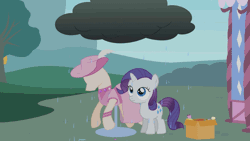 Size: 800x450 | Tagged: animated, artist:agrol, clothes, cloud, derpibooru import, dress, female, filly, filly rarity, gif, hat, loop, mannequin, rain, raincloud, rarity, safe, solo, when you're a filly, younger, youtube link