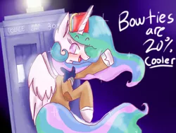 Size: 1024x768 | Tagged: safe, artist:emuuanne, derpibooru import, princess celestia, alicorn, pony, 20% cooler, blushing, bowtie, bowties are cool, clothes, costume, crossover, doctor who, fez, hat, meme, open mouth, smiling, solo