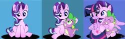 Size: 2397x756 | Tagged: safe, artist:dsana, derpibooru import, spike, starlight glimmer, twilight sparkle, twilight sparkle (alicorn), alicorn, dragon, pony, unicorn, :<, baby, baby dragon, blue background, comic, cute, eyes closed, female, folded wings, frown, glimmerbetes, hair flip, hair over one eye, horn, hug, looking down, male, mare, nuzzling, panels, sad, sadlight glimmer, signature, simple background, sitting, smiling, spikabetes, squishy cheeks, starlight day, surprise hug, twiabetes, wide eyes, wings
