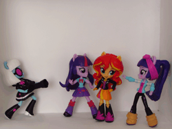 Size: 768x576 | Tagged: safe, artist:whatthehell!?, derpibooru import, edit, flash sentry, fluttershy, photo finish, rarity, spike, sunset shimmer, twilight sparkle, equestria girls, alcohol, animated, beer, camera, doll, equestria girls minis, eqventures of the minis, fight, gif, irl, lamp, parody, photo, stop motion, sylvester the cat, toy