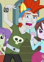 Size: 310x437 | Tagged: safe, derpibooru import, screencap, crimson napalm, starlight, velvet sky, equestria girls, friendship games, background human, devil horn (gesture), faic, pony ears, right there in front of me, skull