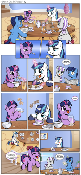 Size: 1200x2595 | Tagged: artist:frank1605, artist:muffinshire, bomb ass tea, bread, breakfast, comic, comic:twilight's first day, cup, derpibooru import, egg, female, filly, food, juice, newspaper, night light, safe, shining armor, slice of life, spanish, sparkle family, tea, teacup, toast, translation, twilight sparkle, twilight velvet