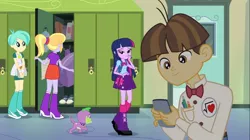 Size: 1100x618 | Tagged: safe, derpibooru import, screencap, cloudy kicks, spike, tennis match, twilight sparkle, wiz kid, dog, equestria girls, equestria girls (movie), backpack, badge, bag, bedroom eyes, book, boots, bowtie, bracelet, clothes, door, high heel boots, iphone, jewelry, lockers, mirror, pen, shoes, skirt, sneakers, spike the dog, tennis ball