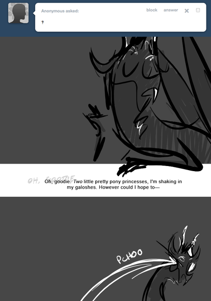 Size: 666x950 | Tagged: artist:egophiliac, ask, derpibooru import, discord, exclamation point, grayscale, interrobang, interrobang (glyph), monochrome, moonstuck, question mark, safe, solo, tumblr