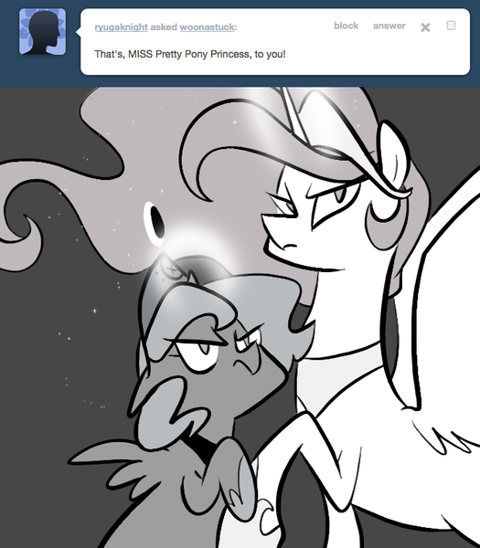 Size: 666x761 | Tagged: safe, artist:egophiliac, derpibooru import, princess celestia, princess luna, alicorn, pony, moonstuck, ask, cartographer's element of courage, celestia is not amused, female, filly, glare, luna is not amused, mare, monochrome, neo noir, partial color, pink-mane celestia, tumblr, unamused, woona, younger