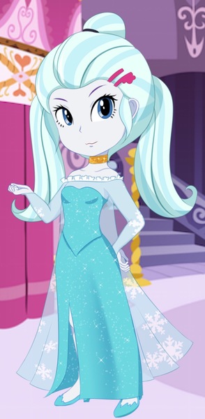 Size: 853x1742 | Tagged: safe, artist:unicornsmile, derpibooru import, sugarcoat, equestria girls, friendship games, choker, clothes, costume, crossover, disney, dress, elsa, frozen (movie), high heels, looking at you, shoes, smiling, solo, standing