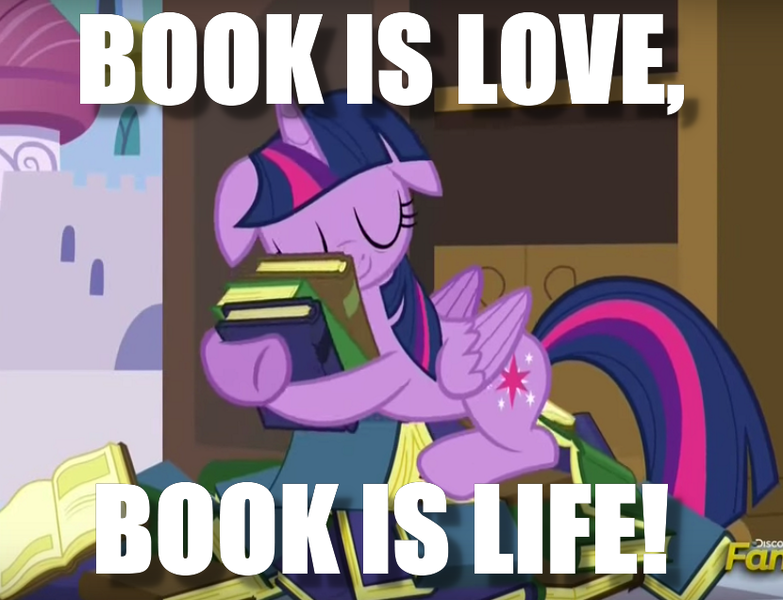 Size: 830x636 | Tagged: safe, derpibooru import, edit, edited screencap, screencap, twilight sparkle, twilight sparkle (alicorn), alicorn, pony, princess spike (episode), book, bookhorse, caption, floppy ears, hug, image macro, meme, shrek is love shrek is life, text, that pony sure does love books