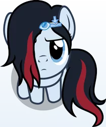 Size: 1138x1356 | Tagged: safe, artist:badumsquish, derpibooru import, part of a set, oc, oc:download, ponified, unofficial characters only, earth pony, pony, derpibooru, :c, >:c, badumsquish's kitties, derpibooru ponified, female, frown, looking at you, looking up, meta, sitting, solo