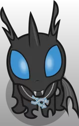 Size: 849x1356 | Tagged: safe, artist:badumsquish, derpibooru import, part of a set, oc, oc:random image, ponified, unofficial characters only, changeling, pony, derpibooru, badumsquish's kitties, blue changeling, changeling oc, cute, cute little fangs, cuteling, derpibooru changelingified, derpibooru ponified, fangs, jewelry, looking at you, looking up, meta, necklace, sitting, smiling, solo