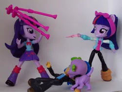 Size: 1200x900 | Tagged: safe, artist:whatthehell!?, derpibooru import, flash sentry, spike, twilight sparkle, dog, equestria girls, doll, equestria girls minis, eqventures of the minis, fight, spike the dog, toy, tripod