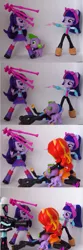 Size: 961x2879 | Tagged: safe, artist:whatthehell!?, derpibooru import, edit, flash sentry, photo finish, spike, sunset shimmer, twilight sparkle, equestria girls, camera, doll, equestria girls minis, eqventures of the minis, fight, parody, toy, tripod