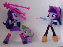 Size: 546x409 | Tagged: safe, artist:whatthehell!?, derpibooru import, edit, flash sentry, photo finish, spike, sunset shimmer, twilight sparkle, equestria girls, animated, camera, doll, equestria girls minis, eqventures of the minis, fight, gif, irl, photo, toy, tripod