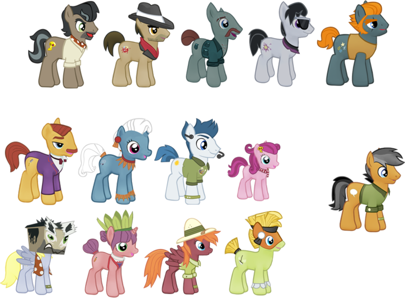 Size: 819x603 | Tagged: safe, derpibooru import, biff, carrot bun, derpy hooves, doctor caballeron, heart pacer, love sketch, pickpocket, quibble pants, rogue (character), strawberry parchment, sweet pepper, unnamed character, unnamed pony, withers, earth pony, pegasus, pony, unicorn, cardboard box, clothes, cosplay, costume, doctor cardboarderon, fake cutie mark, gameloft, henchmen, lazy fan, scarf, sheet