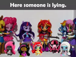 Size: 960x720 | Tagged: safe, artist:whatthehell!?, derpibooru import, edit, applejack, fluttershy, pinkie pie, rainbow dash, rarity, sunset shimmer, twilight sparkle, equestria girls, doll, equestria girls minis, irl, monster high, parody, photo, toy