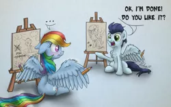 Size: 1600x1000 | Tagged: safe, artist:helmie-art, derpibooru import, rainbow dash, soarin', pegasus, pony, ..., blushing, canvas, dialogue, dock, female, floppy ears, male, open mouth, pencil, pencil drawing, shipping, simple background, sitting, smiling, soarindash, spread wings, story in the source, straight, traditional art, wing hands, wing hold, wings