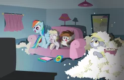 Size: 6215x4037 | Tagged: safe, artist:trotsworth, derpibooru import, derpy hooves, dinky hooves, pipsqueak, rainbow dash, pegasus, pony, absurd resolution, couch, female, food, i just don't know what went wrong, living room, mare, messy, movie, movie night, popcorn, swamp thing, television, varying degrees of want