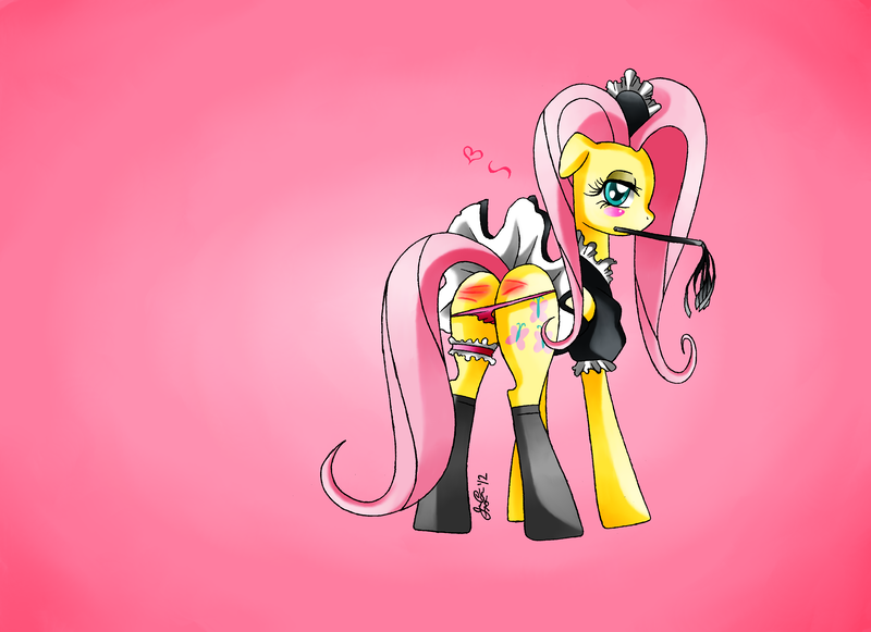 Size: 3509x2550 | Tagged: questionable, artist:manhunterj, derpibooru import, fluttershy, pony, blushing, butt, cat o' ninetails, clothes, female, flutterbutt, fluttermaid, garter, high res, lingerie, maid, mouth hold, panties, riding crop, solo, solo female, underwear, whip, whip marks, whipping