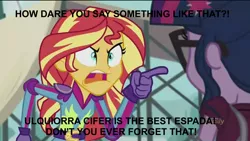 Size: 1280x720 | Tagged: safe, derpibooru import, edit, edited screencap, screencap, sci-twi, sunset shimmer, twilight sparkle, equestria girls, friendship games, angry, bleach (manga), caption, exploitable meme, image macro, meme, sunset yells at twilight, text