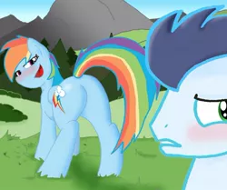 Size: 530x443 | Tagged: suggestive, artist:ajmstudios, derpibooru import, rainbow dash, soarin', blushing, butt, comic panel, female, male, plot, presenting, rainbutt dash, scenery, seductive, shipping, soarindash, straight