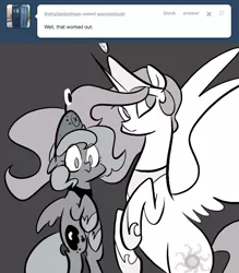 Size: 666x761 | Tagged: safe, artist:egophiliac, derpibooru import, princess celestia, princess luna, alicorn, pony, moonstuck, ask, cartographer's element of courage, female, filly, flying, monochrome, neo noir, partial color, pink-mane celestia, tumblr, woona, younger