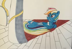 Size: 3738x2576 | Tagged: safe, artist:stammis, derpibooru import, rainbow dash, rarity, pony, and then there's rarity, eating, fabric, high res, measuring tape, prone, shadow, this will end in fashion, this will not end well, traditional art