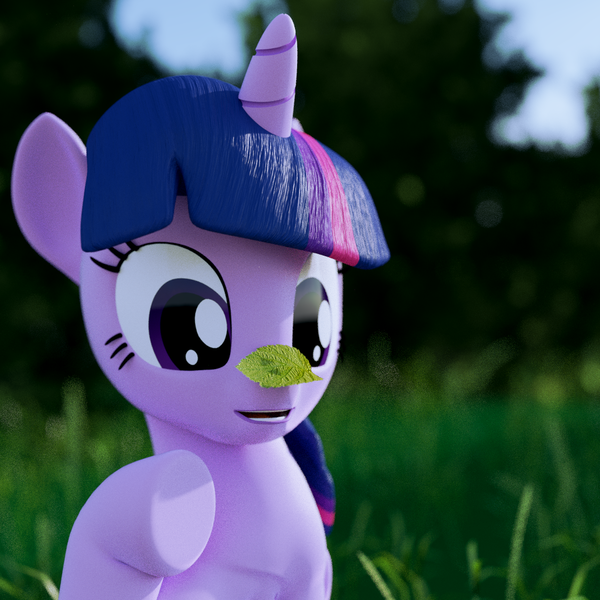 Size: 1080x1080 | Tagged: safe, artist:galawaille, derpibooru import, twilight sparkle, twilight sparkle (alicorn), alicorn, pony, 3d, cute, forest, grass, leaf, raised hoof, solo, twiabetes, underhoof