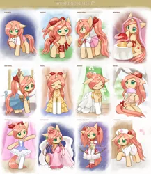 Size: 1734x2000 | Tagged: safe, artist:howxu, derpibooru import, oc, oc:ruby aura, unofficial characters only, anthro, pony, semi-anthro, unguligrade anthro, unicorn, ballerina, bow, bow (weapon), chibi, cloth meme, clothes, colored pupils, crystal ball, cute, dress, eyes closed, female, howxu is trying to murder us, kimono (clothing), magical girl, mare, nurse outfit, ocbetes, pajamas, pantyhose, puella magi madoka magica, raised hoof, ribbon, scarf, shirt, skirt, skirt lift, socks, sweater, wardrobe meme, wedding dress