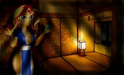 Size: 1000x604 | Tagged: safe, artist:adammasterart, artist:whatthehell!?, derpibooru import, edit, sunset shimmer, equestria girls, breasts, busty sunset shimmer, dead or alive, female, japan, kasumi, lamp, room, sunset sushi, thighs, toy interpretation