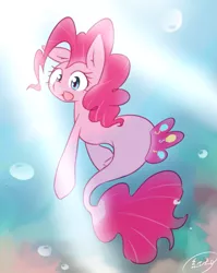 Size: 1963x2467 | Tagged: air bubble, artist:akainu_pony, bubble, derpibooru import, female, looking back, mare, my little pony: the movie, open mouth, pinkie pie, safe, seaponified, seapony (g4), seapony pinkie pie, solo, species swap, that pony sure does love being a seapony, underwater