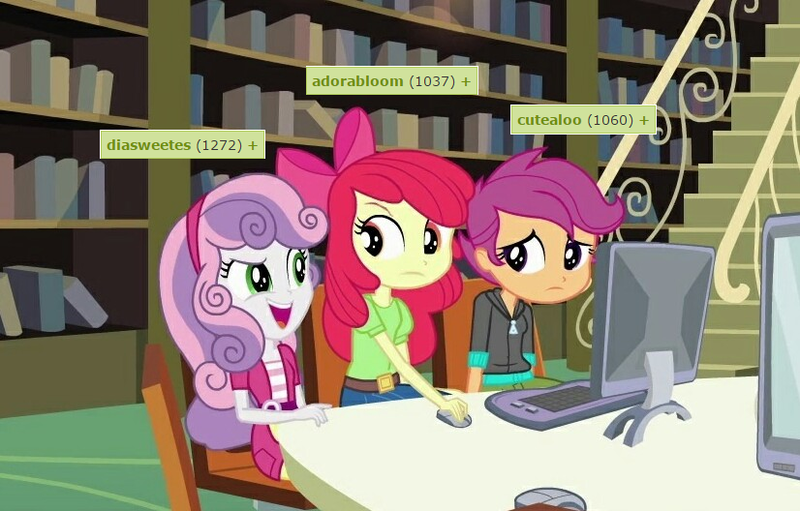 Size: 826x528 | Tagged: safe, derpibooru import, edit, edited screencap, screencap, apple bloom, scootaloo, sweetie belle, derpibooru, equestria girls, equestria girls (movie), computer, cutie mark crusaders, meta