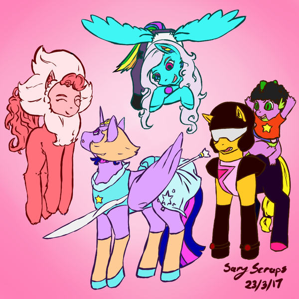 Size: 900x900 | Tagged: safe, artist:sarythewolf, derpibooru import, applejack, pinkie pie, rainbow dash, spike, twilight sparkle, twilight sparkle (alicorn), alicorn, pony, amethyst (steven universe), clothes, cosplay, costume, garnet (steven universe), lion (steven universe), pearl (steven universe), pronking, steven quartz universe, steven universe