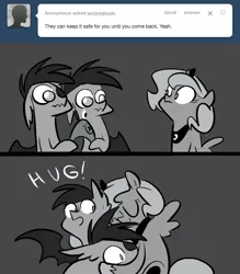 Size: 666x761 | Tagged: safe, artist:egophiliac, derpibooru import, princess luna, oc, oc:frolicsome meadowlark, oc:sunshine smiles (egophiliac), bat pony, pony, moonstuck, ask, cartographer's element of courage, female, filly, grayscale, hug, monochrome, tumblr, wavy mouth, woona, younger