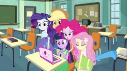 Size: 1100x618 | Tagged: safe, derpibooru import, screencap, applejack, fluttershy, pinkie pie, rarity, twilight sparkle, equestria girls, equestria girls (movie), bedroom eyes, book, boot, bracelet, chair, chalkboard, classroom, clothes, computer, door, eyes closed, incomplete twilight strong, jewelry, pinkie pie laptop, raised leg, skirt, table, television