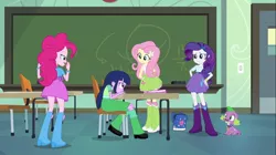 Size: 1100x618 | Tagged: safe, derpibooru import, fluttershy, pinkie pie, rarity, spike, twilight sparkle, dog, equestria girls, equestria girls (movie), backpack, bedroom eyes, boots, bracelet, chair, chalkboard, classroom, clothes, door, hand on hip, high heel boots, incomplete twilight strong, jewelry, leg warmers, raised leg, shoes, skirt, socks, spike the dog, table