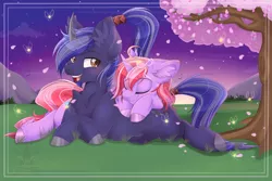 Size: 1024x683 | Tagged: safe, artist:silent-shadow-wolf, derpibooru import, oc, unofficial characters only, firefly (insect), insect, pony, unicorn, commission, cuddling, curved horn, duo, eyes closed, female, flower petals, grass, grass field, horn, male, mare, mountain, night, night sky, prone, resting, sky, smiling, stallion, stars, sunset, tree