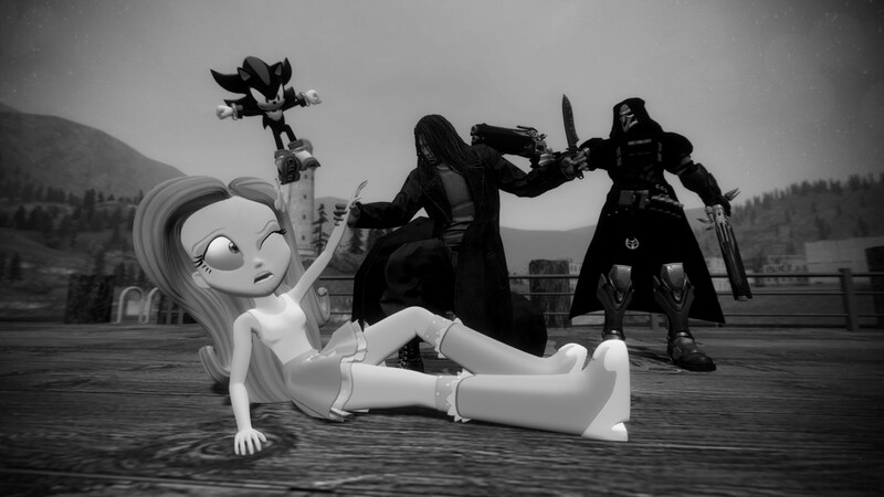 Size: 1366x768 | Tagged: semi-grimdark, artist:migueruchan, derpibooru import, fluttershy, equestria girls, 3d, boots, clothes, crossover, gmod, grayscale, hatred (game), high heel boots, monochrome, overwatch, reaper (overwatch), shadow the hedgehog, shoes, skirt, skirt lift, sneakers, socks, sonic the hedgehog (series)