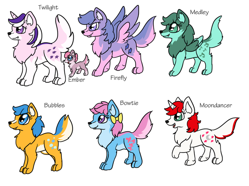 Size: 1024x768 | Tagged: safe, artist:usagi-zakura, derpibooru import, bowtie (g1), bubbles (g1), ember (g1), firefly, medley, moondancer (g1), twilight sparkle, wolf, rescue at midnight castle, g1, my little wolf, species swap