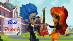 Size: 1280x720 | Tagged: safe, artist:whatthehell!?, derpibooru import, flash sentry, sunset shimmer, equestria girls, canterlot high, doll, equestria girls minis, female, flashimmer, guitar, male, musical instrument, school, shipping, straight, toy