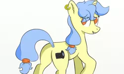 Size: 1156x690 | Tagged: safe, artist:leapingriver, derpibooru import, oc, oc:viewing pleasure, unofficial characters only, pony, unicorn, butt, like what you see?, looking back, no pupils, plot, ponytail, raised eyebrow, raised hoof, simple background, smiling, solo, white background