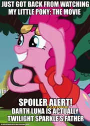Size: 693x960 | Tagged: back to the future, caption, derpibooru import, edit, edited screencap, image macro, implied time travel, meme, pinkie mcpie, pinkie pie, safe, screencap, solo, spoiler alert, star wars, text, what about discord?