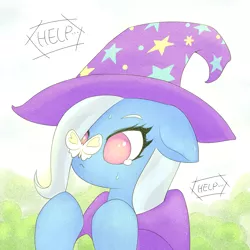 Size: 1791x1791 | Tagged: safe, artist:sigpi, derpibooru import, trixie, butterfly, pony, unicorn, :<, adorable distress, bust, butterfly on nose, cape, clothes, crying, cute, dialogue, diatrixes, female, floppy ears, hat, heart, help, insect on nose, mare, nervous, portrait, scared, soft color, solo, speech bubble, sweat, trixie's cape, trixie's hat
