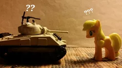 Size: 2048x1152 | Tagged: applejack, derpibooru import, hatless, m4 sherman, missing accessory, puzzled, real, safe, solo, tank (vehicle), toy