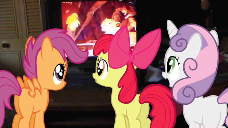 Size: 1696x954 | Tagged: apple bloom, cutie mark crusaders, derpibooru import, edit, edited screencap, it's calle, meme, safe, scootaloo, screencap, sweetie belle, television, the lion king