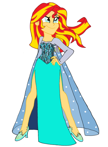 Size: 2274x3083 | Tagged: safe, artist:renthegodofhumor, derpibooru import, sunset shimmer, equestria girls, beautiful, clothes, crossover, disney, dress, elsa, female, frozen (movie), irony, not fiery shimmer, simple background, smiling, smirk, solo, transparent background