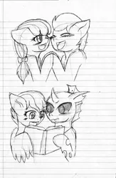 Size: 1377x2106 | Tagged: safe, artist:jolliapplegirl, derpibooru import, apple bloom, kevin (changeling), scootaloo, tender taps, changeling, earth pony, pegasus, pony, female, grayscale, kevaloo, lined paper, male, monochrome, shipping, sketch, straight, tenderbloom, traditional art