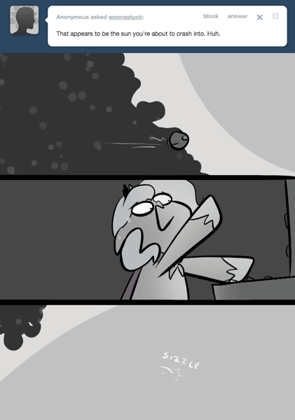 Size: 666x950 | Tagged: safe, artist:egophiliac, derpibooru import, princess luna, pony, moonstuck, animated, ask, escape pod, female, filly, gif, grayscale, marauder's mantle, monochrome, solo, sun, sweat, tumblr, woona, woonoggles, younger